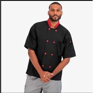 NWT Happy Chef #505 2XL Black Chef Coat Red Uniform Restaurant‎ Workwear Unisex